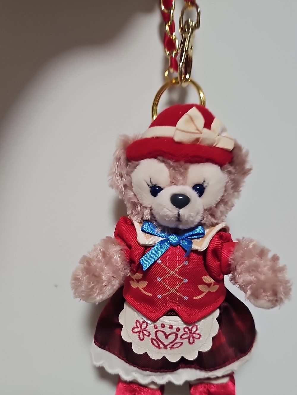 Disney Duffy Plush Bear Keychain in Red Dress with Blue Bow